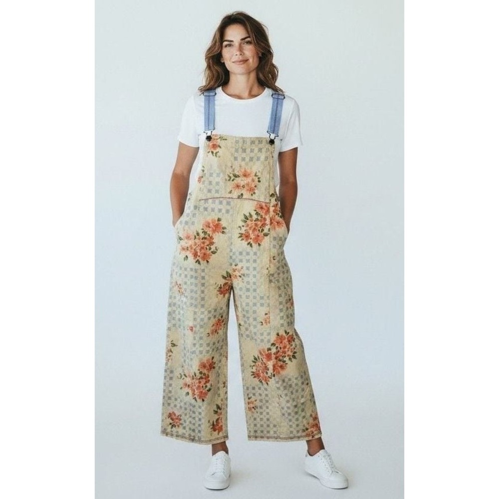 Easel Los Angeles Checkerboard & Floral Print Wide Leg Overalls Small EB57090